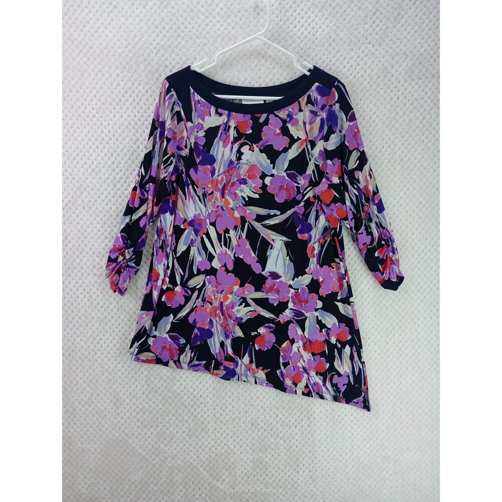 Susan Graver Liquid Knit Women's Large Purple Floral Asymmetrical Hem Tunic Top